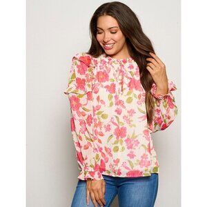 Pink Long Sleeve Ruffle Floral Blouse